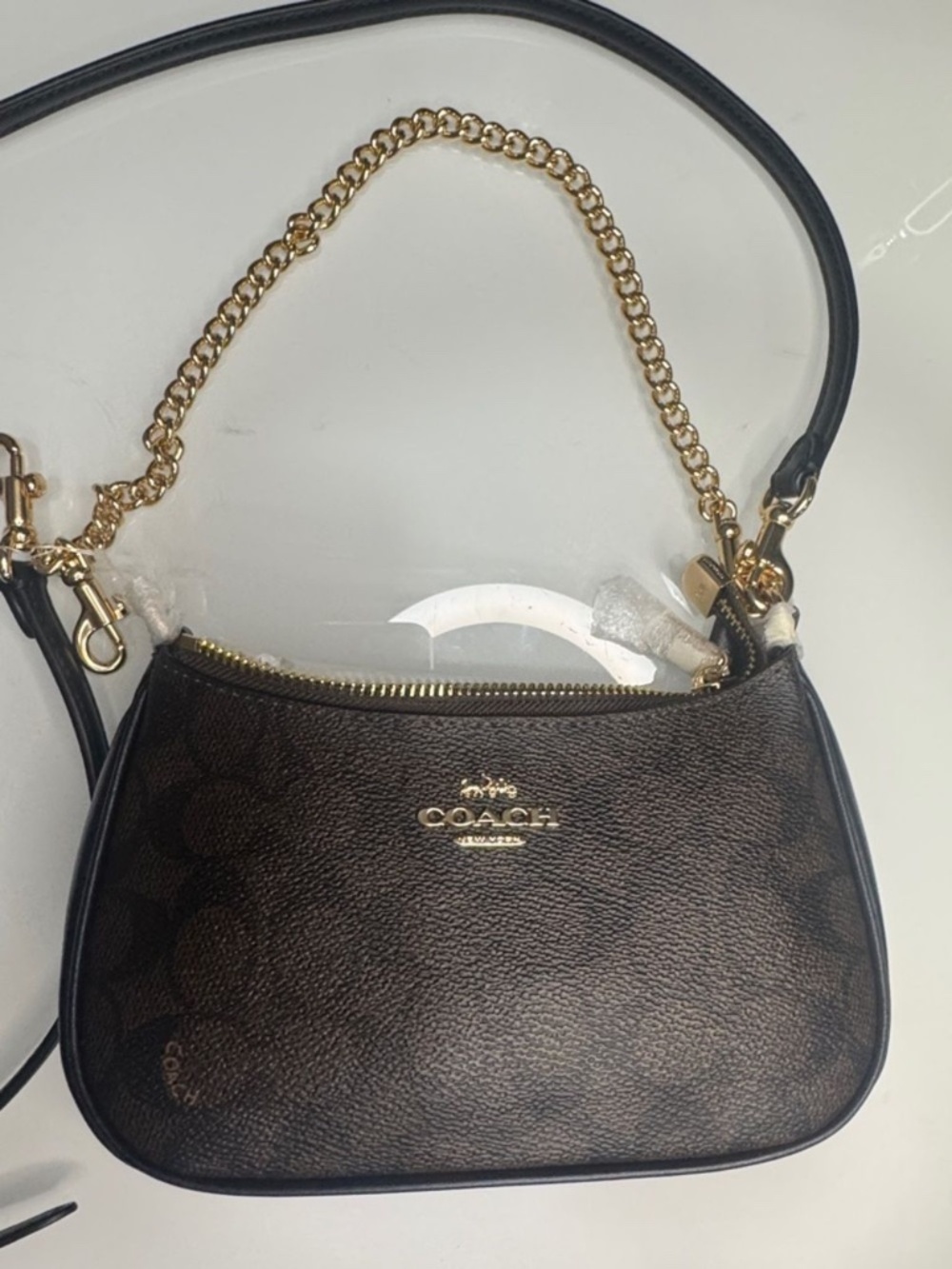 COACH Teri Dark Brown Signature Mini Crossbody or shoulder bag with Gold Chain
